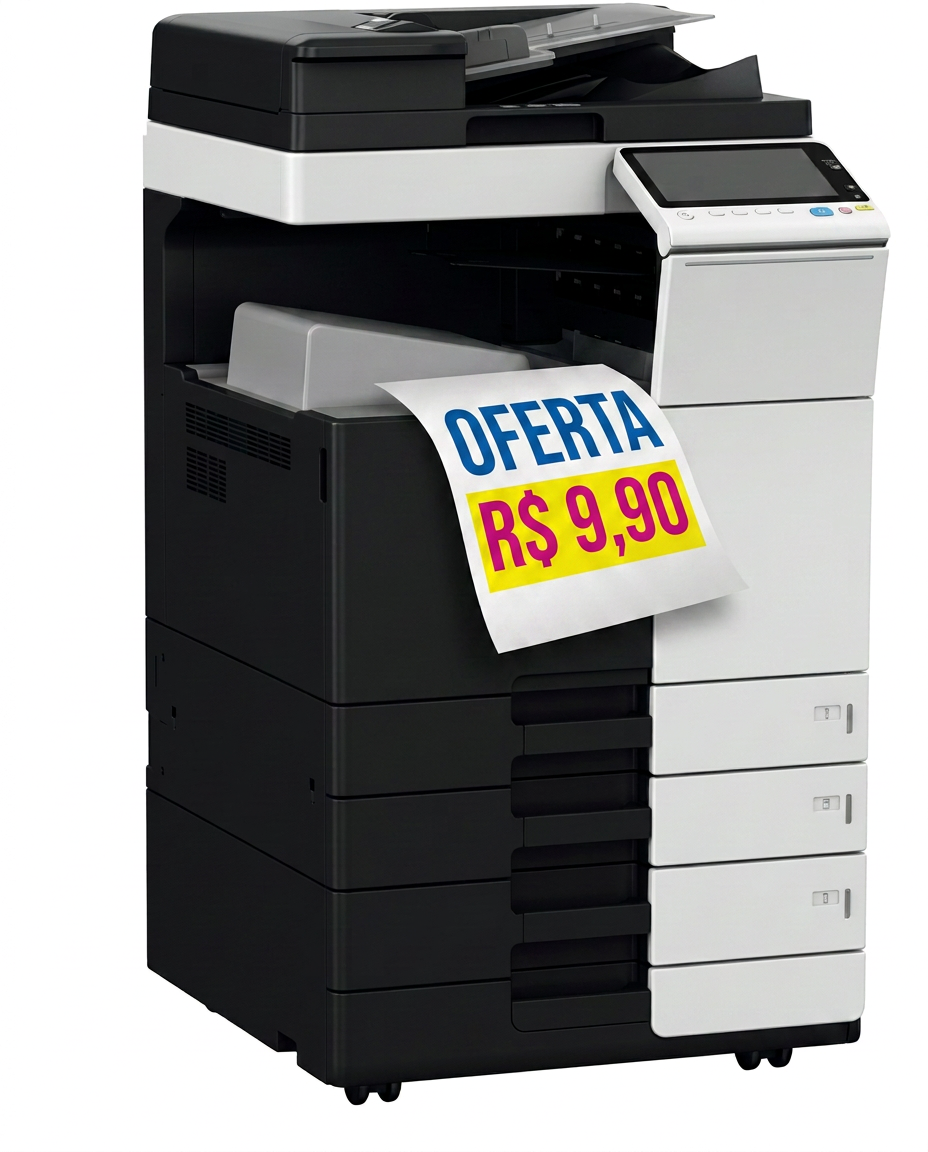 Impressora multifuncional profissional imprimindo um cartaz de oferta
